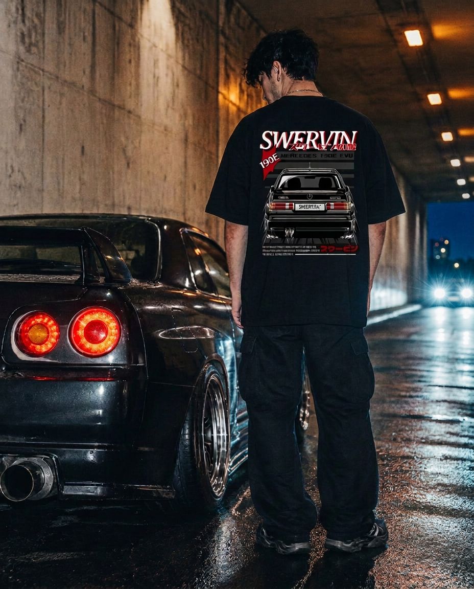Swervin hoodie photographed beside a tuner car