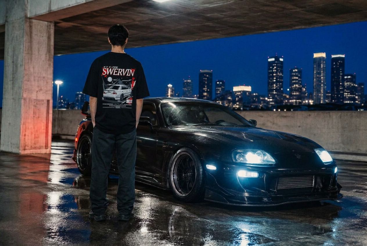 Swervin model beside a modified sports car at night